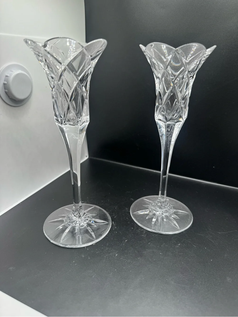 2 Crystal Single Candleholders, Cut Criss-Cross Design, Rounded Edge: Jubilee by